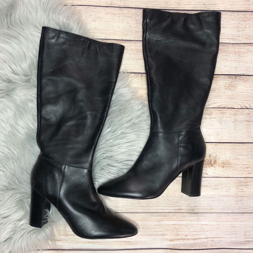 Marc Fisher‎ Womens 11W Black Leather Knee High Block Heel Pointed Toe Boots